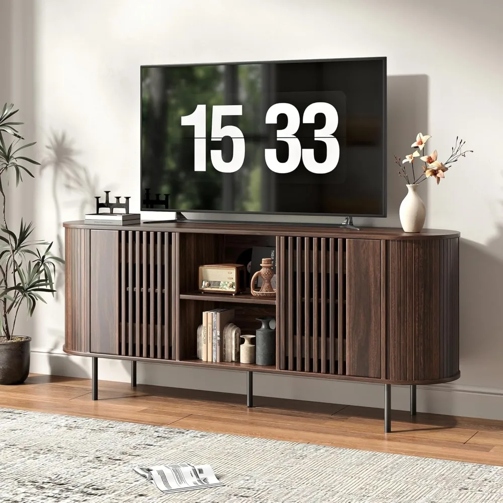 65 Inch TV Stand for TVs Up to 75", Mid Century Modern Entertainment Center TV Console with Adjustable Shelves for Customizable