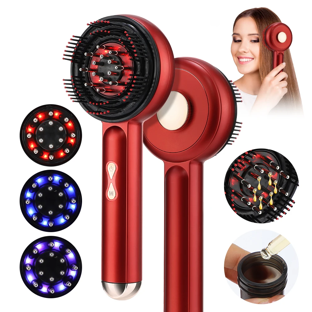 Pettine per massaggio a vibrazione elettrica Terapia della luce rossa blu Massaggio per la crescita dei capelli Spazzola per cuoio capelluto Applicatore liquido per olio Massaggiatore per la testa