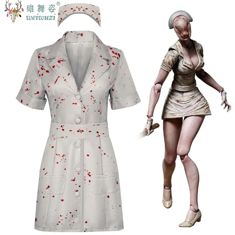 Film Silent Hill Cosplay Kostüm Krankenschwester Weißer blutbefleckter Gürtel und Hut Uniform Halloween Kostüm Fancy Halloween Kleid Frau Image