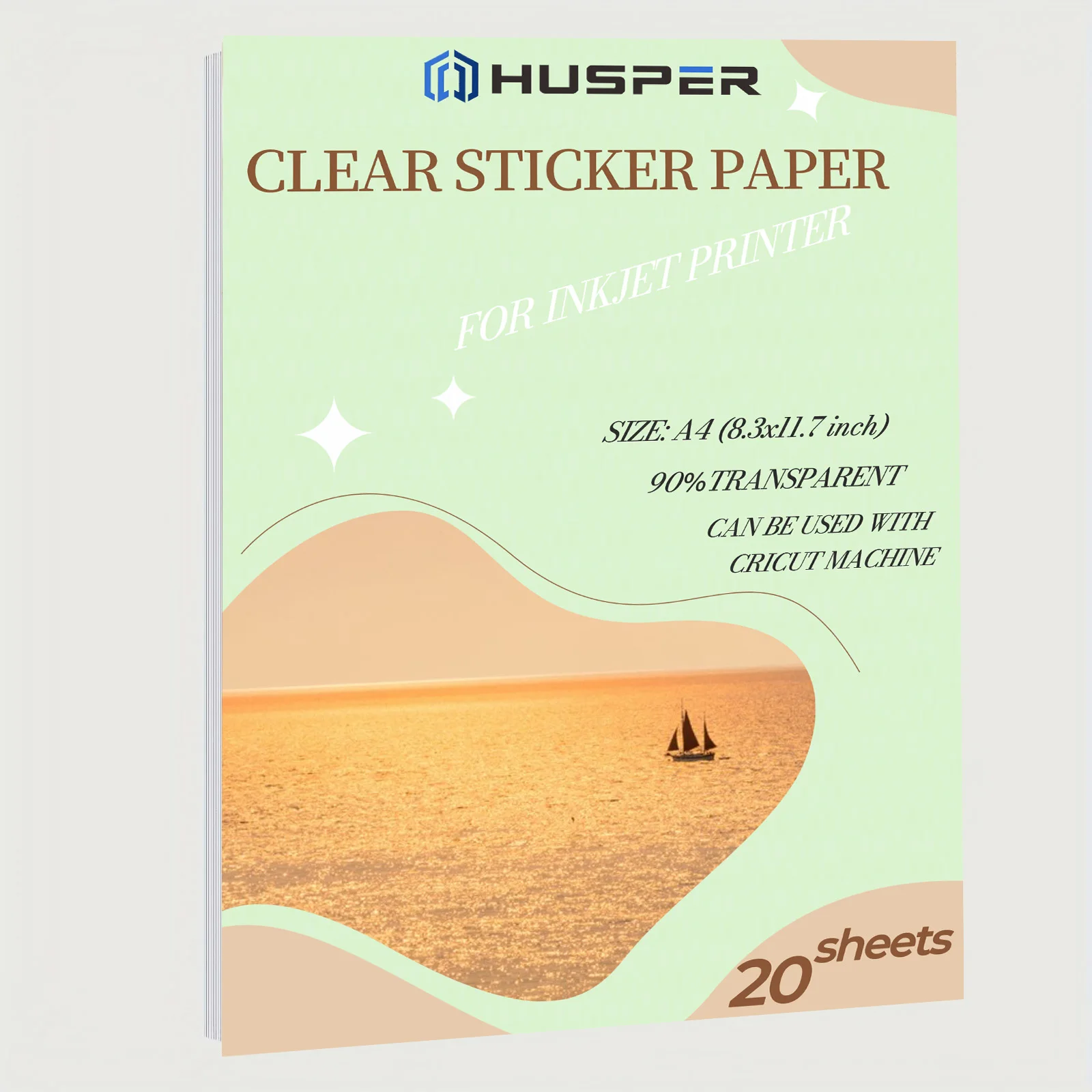 HUSPER 8,3 x 11,7 Zoll 20 Blatt bedruckbares Vinyl-Aufkleberpapier, transparent, kein wasserfestes Aufkleberpapier für Tintenstrahldrucker Image