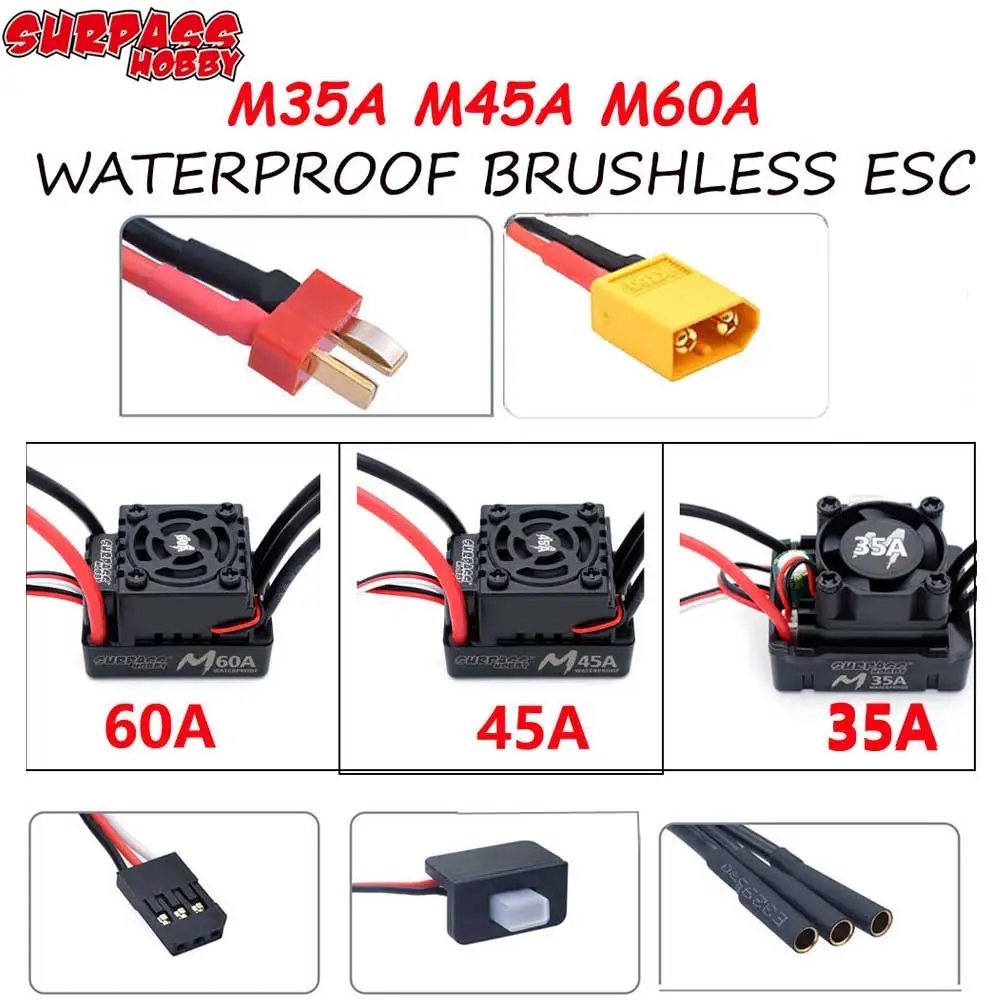 Surpass Hobby M35A 45A 60A 2-3S Wasserdichter Brushless ESC mit T/XT60-Stecker für 1/10 1/12 1/14 1/16 RC-Auto F540 3650 Brushless-Motor