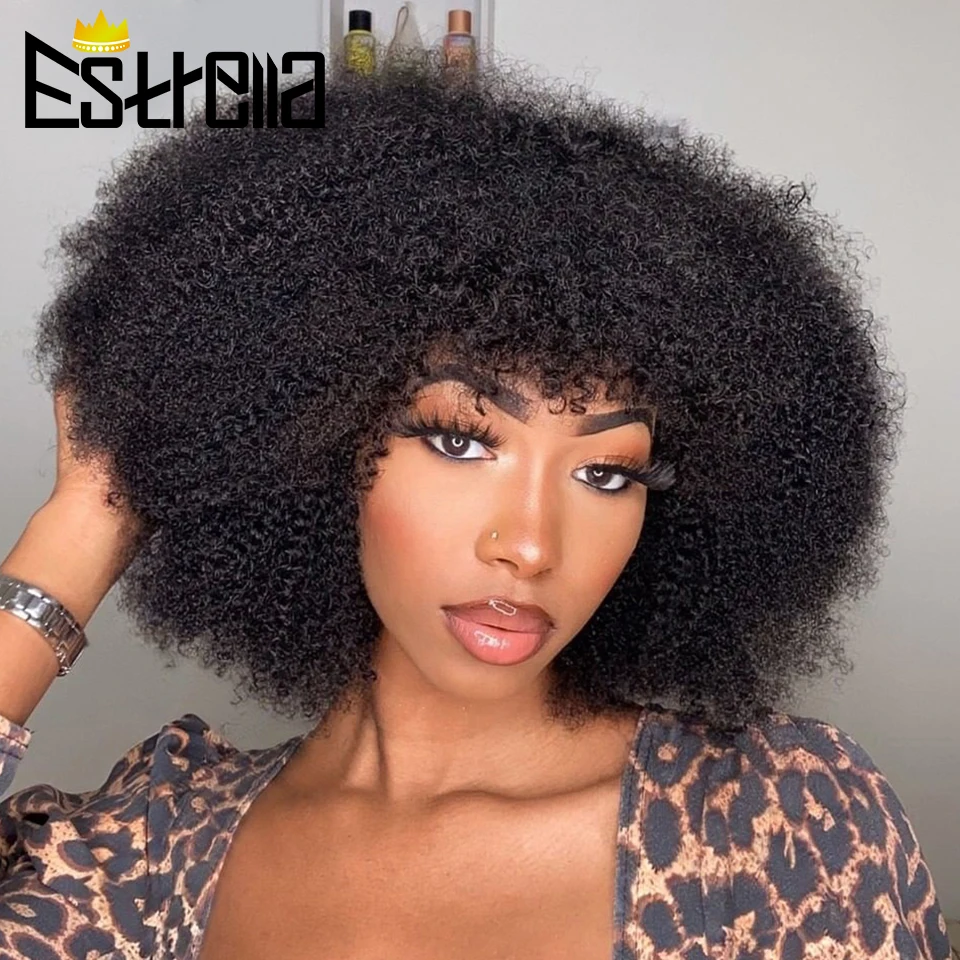 Afro Kinky High Density Non Lace Perücke Echthaar für Frauen Brasilianische leimlose lockige maschinell hergestellte Perücke mit Pony Natürliche Farbe Image
