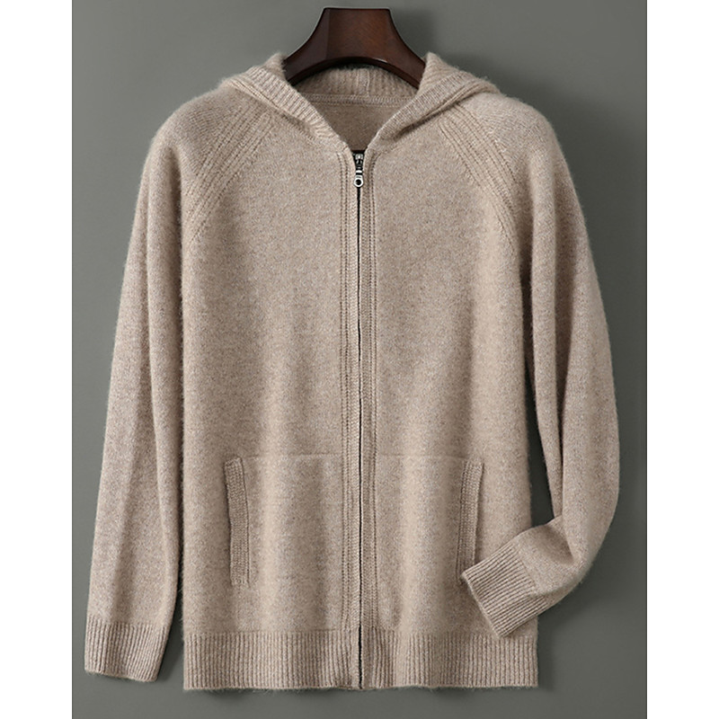 Men's Premium Pure Wool Cashmere Cardigan Sweater Classic Hooded Knit Zip Up Pocket Soft Warm Breathable