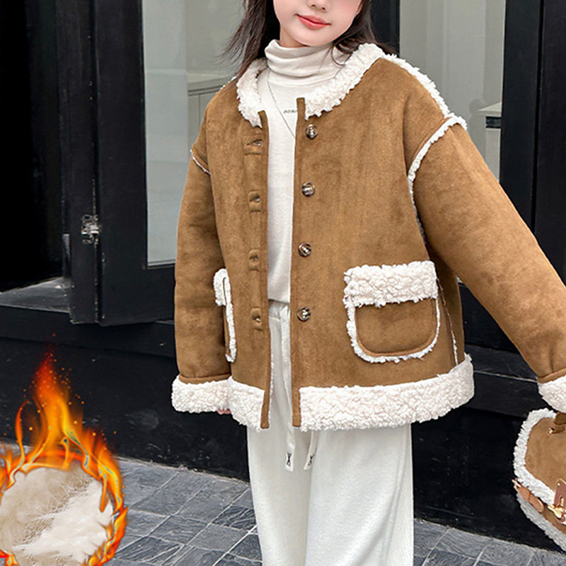 Kids Girls' Faux Suede Jacket Fleece Jacket Jacket Solid Color Fashion Pocket Keep Warm Windproof Outdoor Coat Outerwear 4-12 Years Fall Coffee