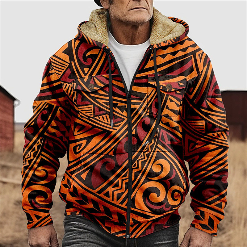 Men's Graphic Hoodie Jacket Fashion Ethnic Casual Long Sleeve Hooded Outdoor Sports Outdoor Going out Light Brown Dark orange Red Orange Brown Pocket Print Fleece Winter Designer S M L XL 2XL 3XL
