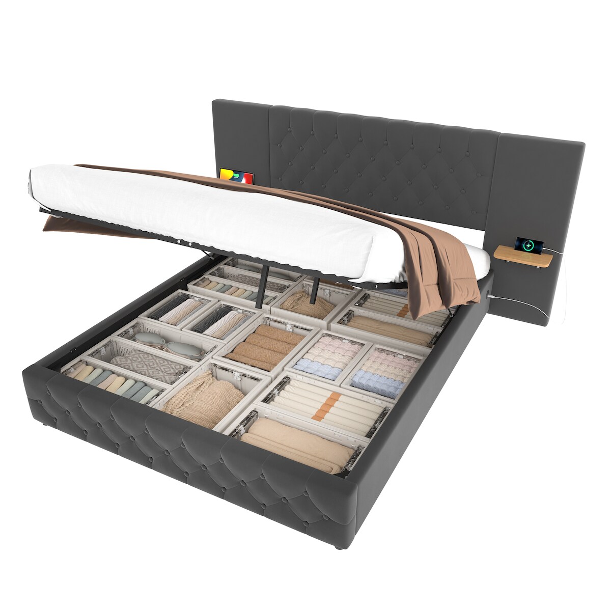 OKWISH Bettgestell mit breitem Kopfteil 140x200 cm Diamant-Knopfheftung LED Beleuchtung Hydraulisches Hebesystem USB Anschlüsse Stauraum Modern Grau Image