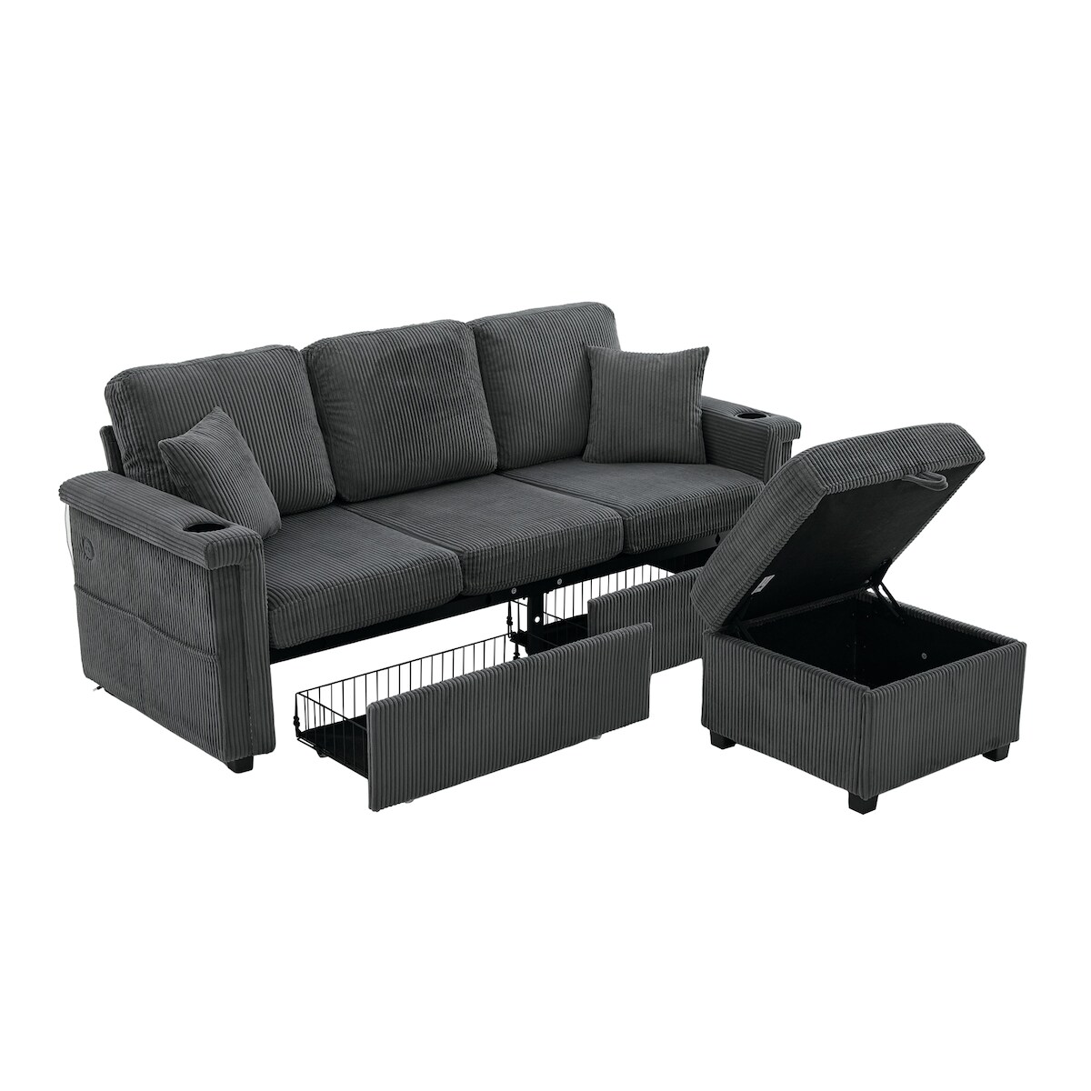 OKWISH Modulares Ecksofa Corduroy Sofa L-Form verstellbar LED Aufbewahrung USB/TYPEC Wohnzimmer Schlafzimmer 70x190cm Dunkelgrau Image