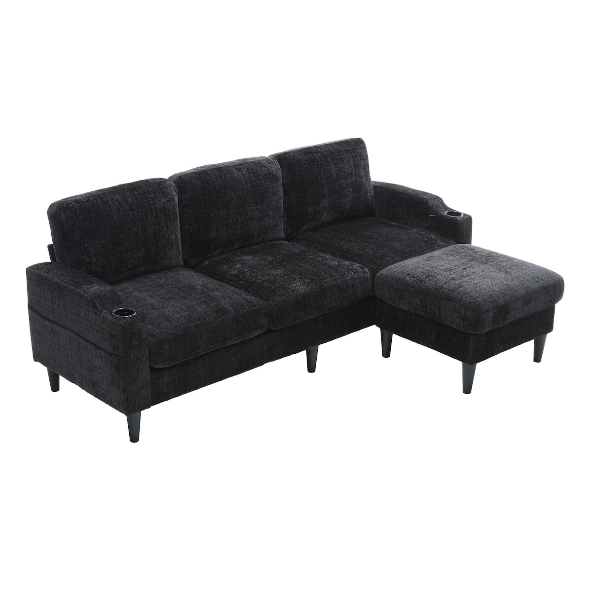 OKWISH 4-Sitzer Sofa mit Hocker Chenille Bezug Modular Stauraum Armlehnen Getränkehalter Seitentaschen Komfort Wohnzimmer 70x190cm Schwarz Image