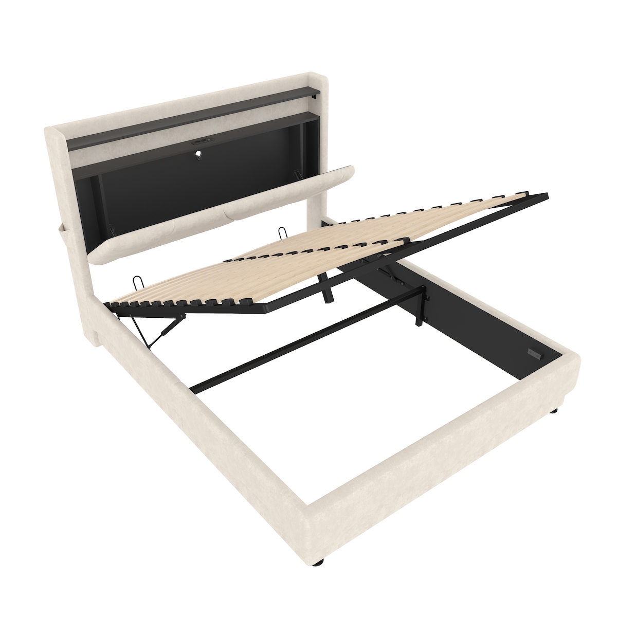 OKWISH Bettgestell Samt Kopfteil-Regal, LED-Lichtband, Gasdruck-Lattenrost, USB & Type-C Anschlüsse, Stauraum, Wellen-LED Seitenbeleuchtung 160x200cm, Beige Image