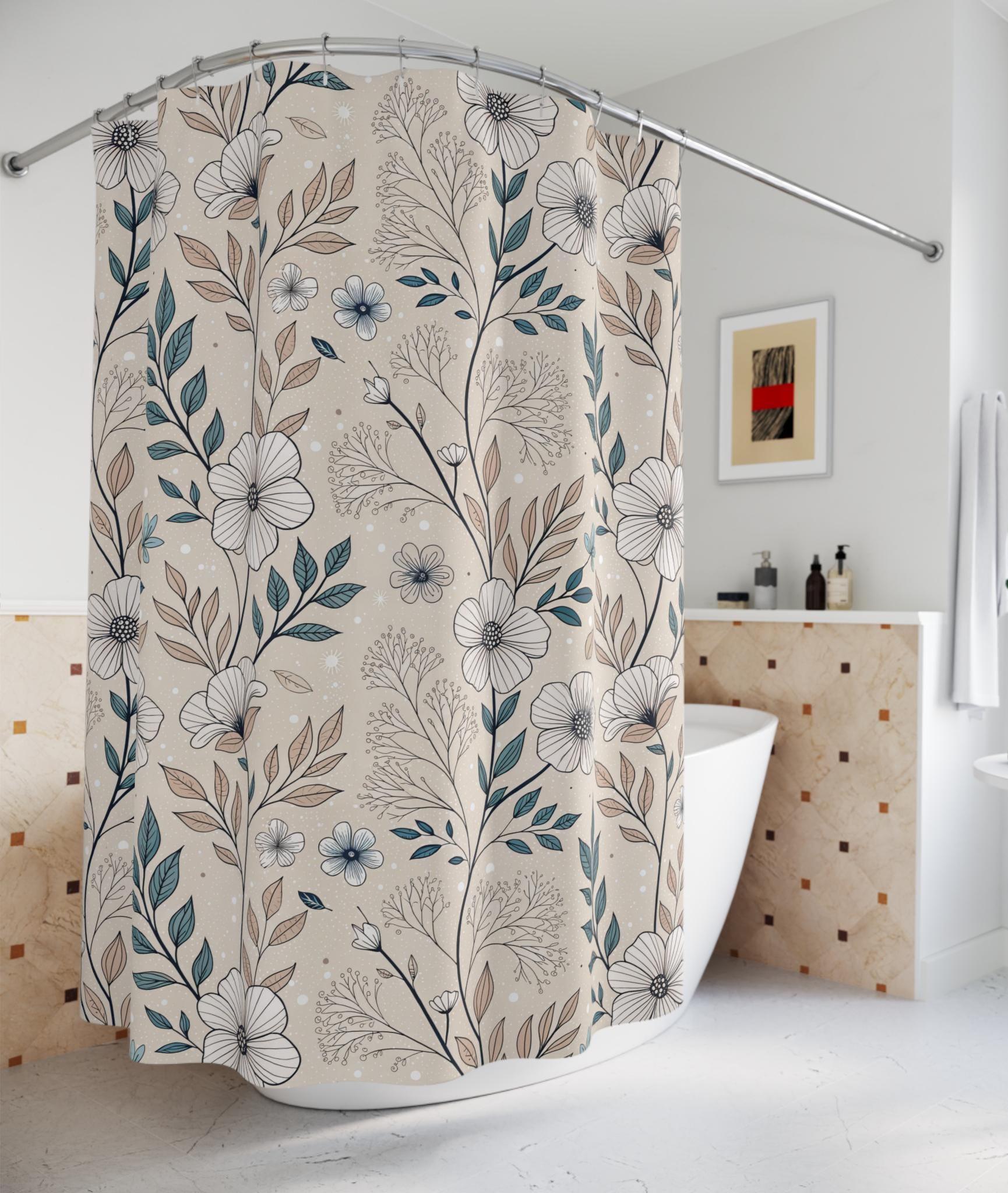 Tende da doccia Boho minimaliste beige con motivi floreali, decorazioni per il bagno, tenda da doccia botanica, tenda da bagno con motivi floreali neu