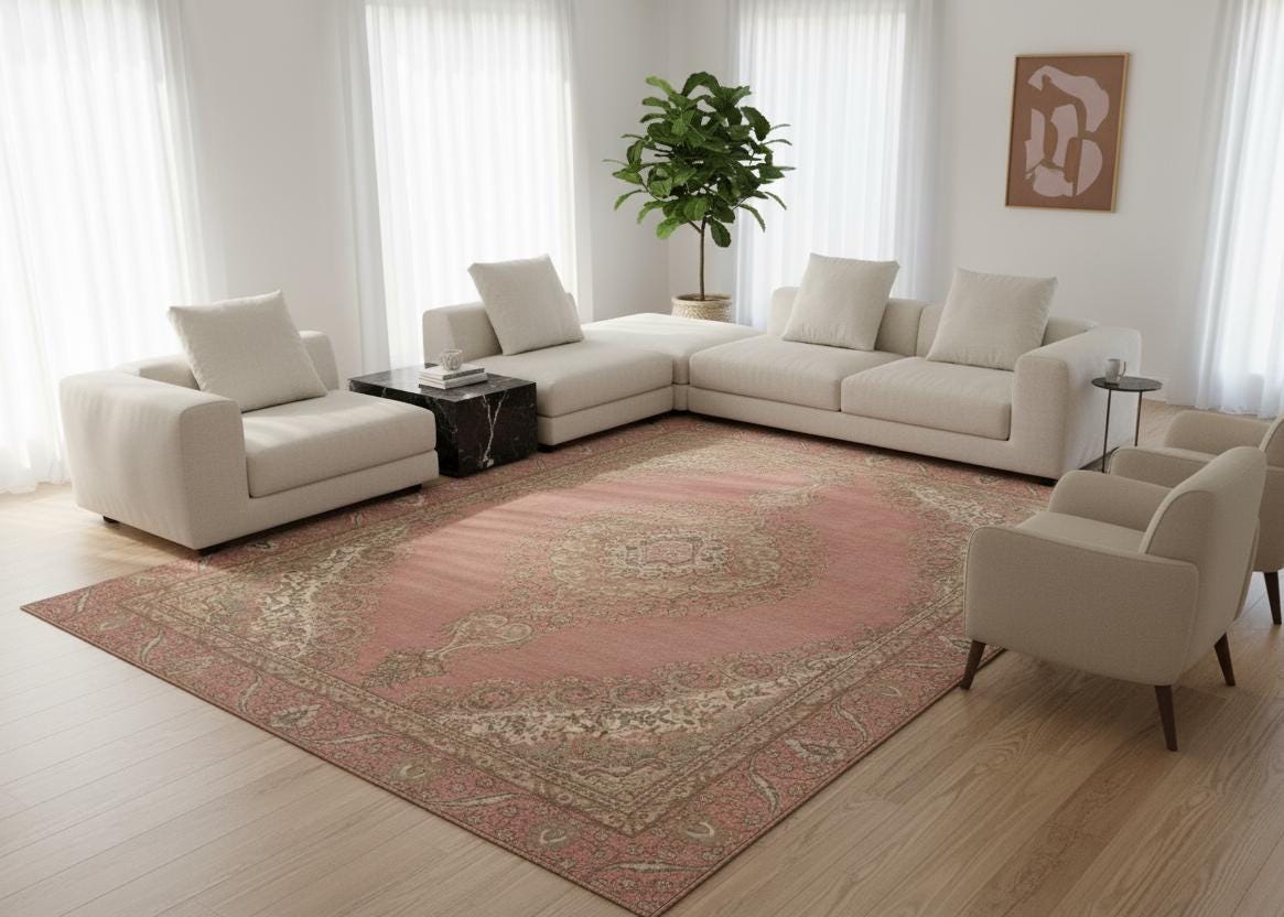 Tappeto orientale, Tappeto grande, Tappeto vintage turco, Tappeto decorativo rosa, Tappeto sostenibile, Tappeto per soggiorno, Tappeto boho, 8,8x12,2