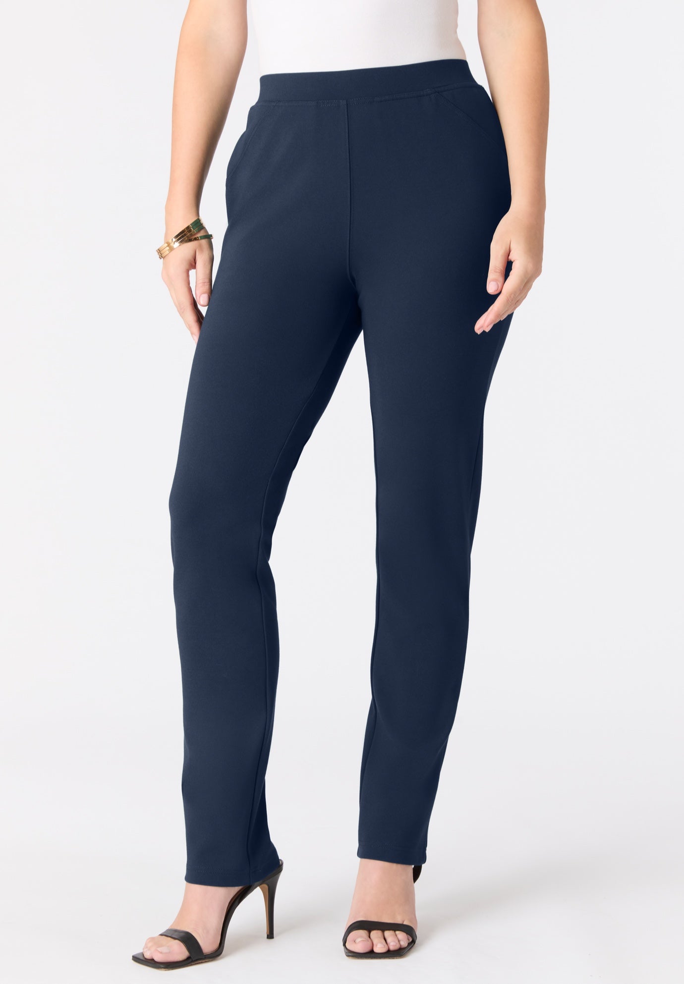 Plus Size Women's Plus Size Ponte Straight Leg Pant with Pockets and Pull on elastic waist by Roaman's in Navy (Size 12 W)