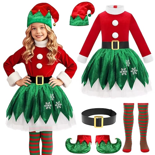 Costume de Noël Robe De Noël Fantaisie Costumes de père noël Costumes de cosplay avec accessoires Elfe Noël pour Fille Adultes Noël Nouvel An Soirée Robe Ceinture Chaussettes Chaussures Chapeau