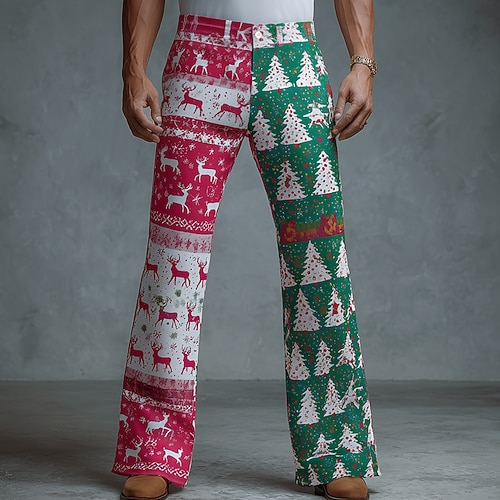 Noël Homme Arbre de Noël Renne Motif de flocon de neige Pantalon Disco Pantalons pattes d'éléphant des années 60 et 70 Taille Moyenne Vintage Rétro Extérieur Fête Poches Latérales Pantalon à jambe