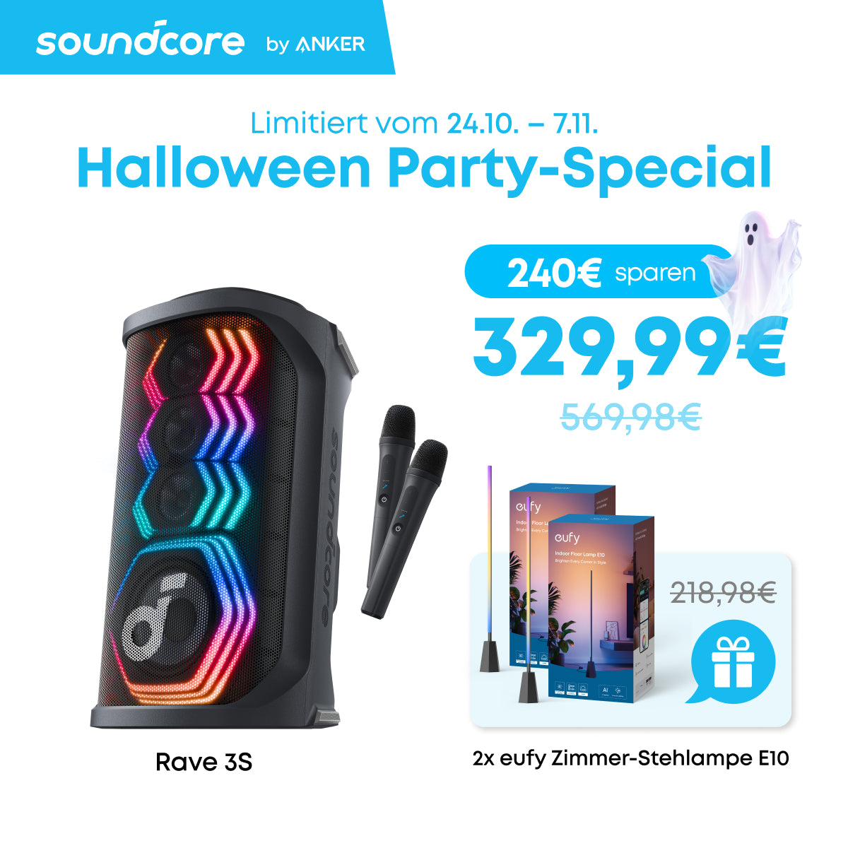 Rave 3S | KI Karaoke Party-Lautsprecher mit 200W Sound + 2x eufy Zimmer-Stehlampe E10 Image