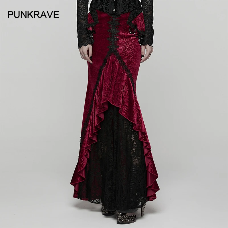 PUNK RAVE Damen Gothic Rose Samt Spitze Wunderschöner anmutiger Fischschwanzrock 3D geraffte Quaste Perlenketten Party Club Lange Röcke