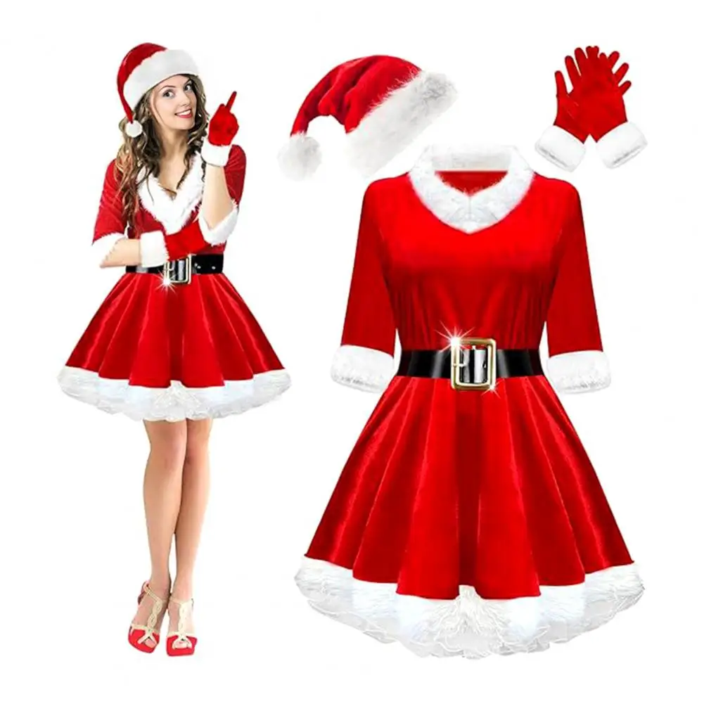 4-teiliges Mrs. Claus-Kostümset für Damen Weihnachtsmann-Kostüm für Erwachsene, Samt, Weihnachtsmann-Kleid mit Gürtel, Weihnachtsmütze, Handschuhe, Set für Party Image
