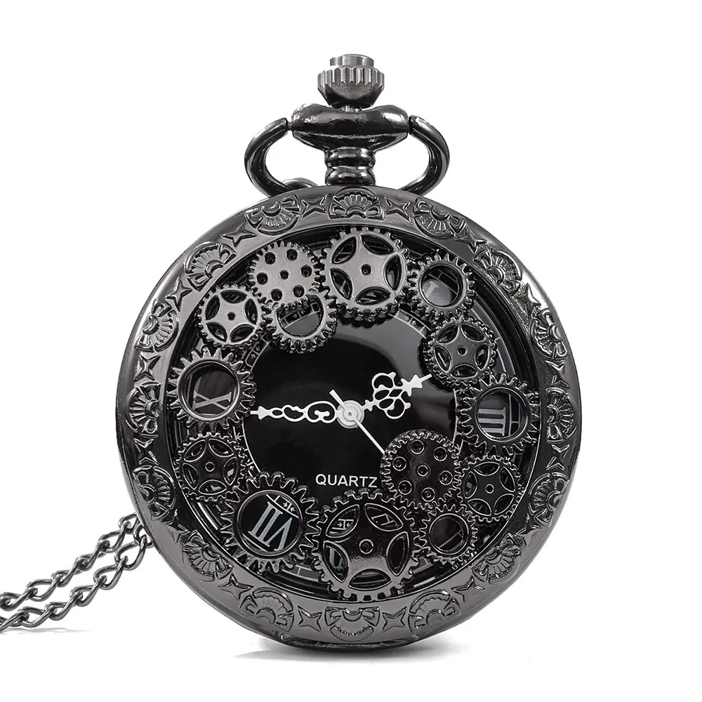 Steampunk-Taschenuhr aus Kupfer für Damen und Herren, Vintage-Hohlgetriebe, Hohlquarz, Anhängeruhr, Kette mit Kettengeschenken Image