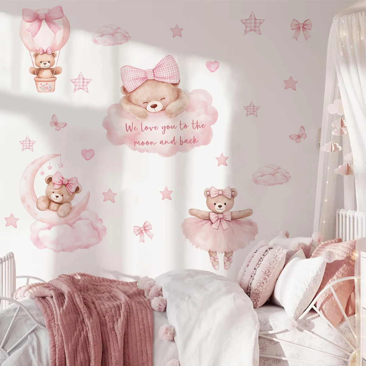 Cartoon Rosa Bär Wir lieben dich... Wolken Stern Kinderzimmer Wandaufkleber Vinyl Kinderzimmer Kunst Aufkleber Kinderzimmer Schlafzimmer Wohnzimmer Dekor