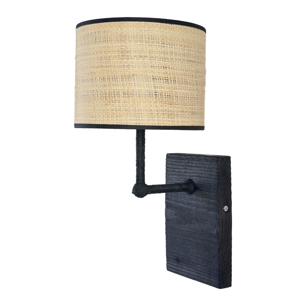 Applique en bois brûlé noire et abat-jour en rotin tressé H37
