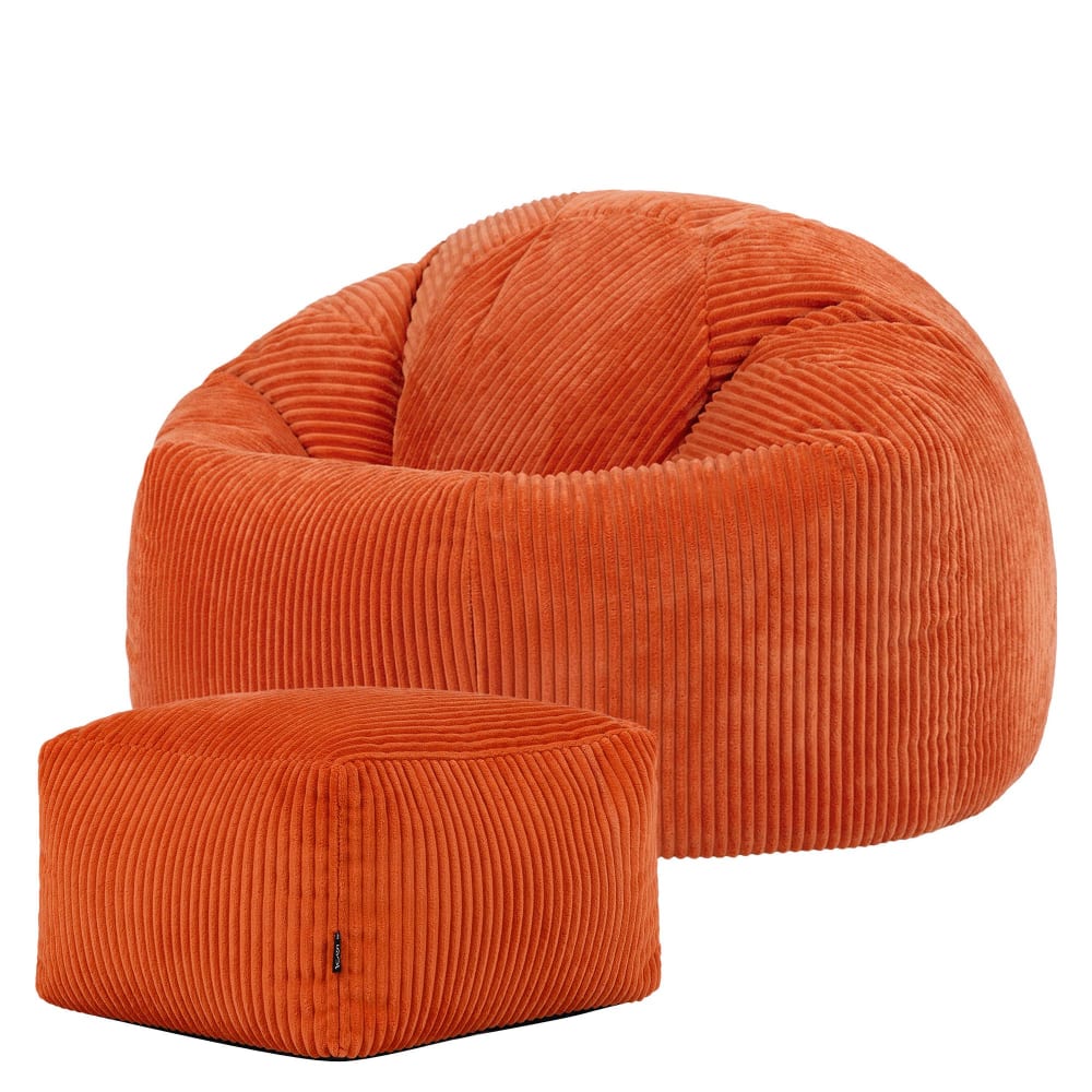 Pouf avec repose-pied carré velours côtelé orange terracotta