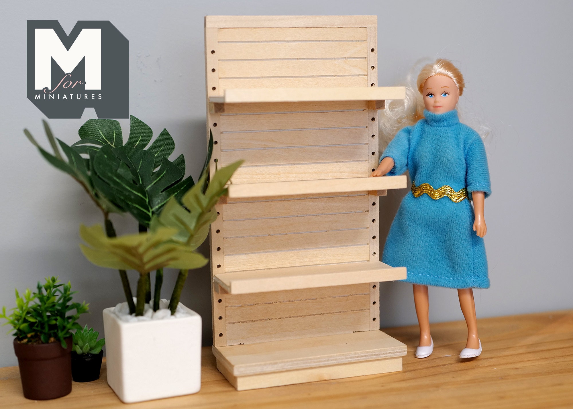 Scaffale per negozio in miniatura per casa delle bambole 1:12, non verniciato, non finito, a 4 ripiani, scaffale per supermercato, scaffale per esposi