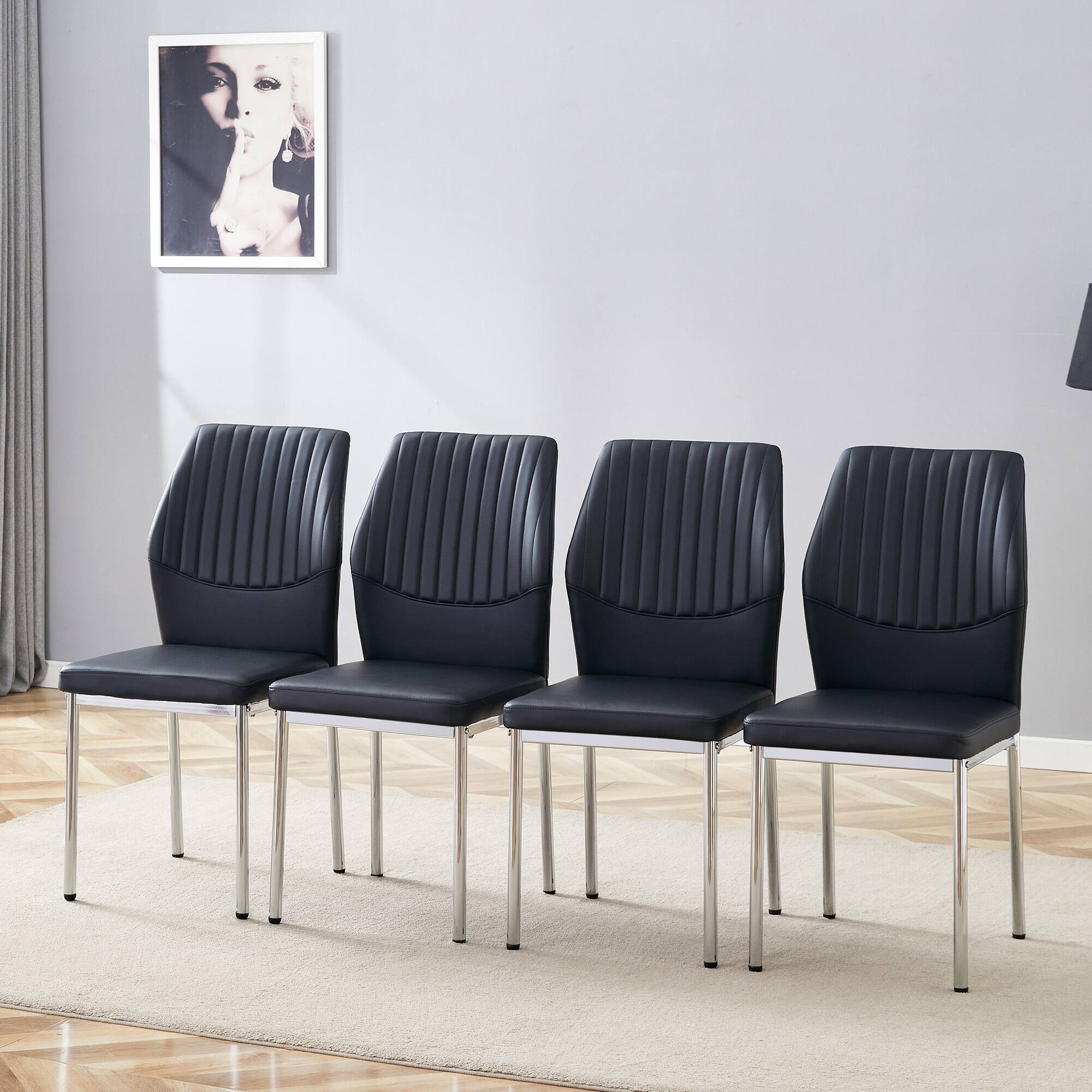 Luxury Simple Chair - Set of 4 BLACK PU Material High Resilience Dining Chair with Metal Leg.