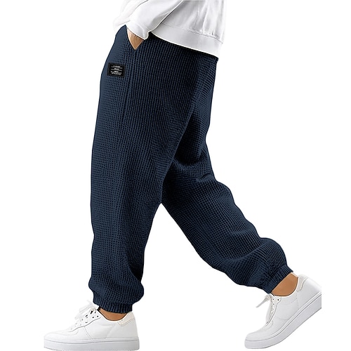 Herren Waffel Jogginghose Jogginghose Jogger Hose Freizeithose Kordelzug Elastischer Bund Einfarbig Komfort Volle Länge Outdoor Täglich Streetwear Mode Schick Modern Schwarz Weiß Dehnbar Image