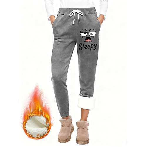 Damen Jogginghose Fleecehose Stoffhosen Urlaub Mode Lässig Volle Länge Hohe Taille Grafik Buchstabe Kordelzug Tasche Druck Thermowarm Winddicht Bequem Dehnbar Täglich Outdoor Urlaub Rosa Dunkelpink Image