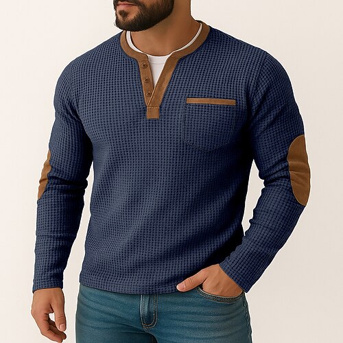 Herren Waffel-T-Shirt Waffel-Henley-Hemd Herrenhemden mit Ellbogenflicken Langarm Henley Herbst Frühling Herbst Einfarbig Texture Mode Basic Lässig Farbblock Falscher Zweiteiler Lässig Heim Büro Image