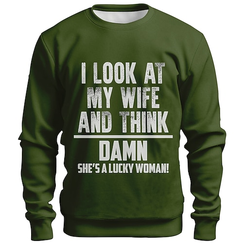 Männer Langarm Sweatshirt Lustiges Rotes Grafik - 'Ich Schau Mir Meine Frau An Und Denke Verdammt Sie Ist Eine Glückliche Frau' Ehemann Humor Image