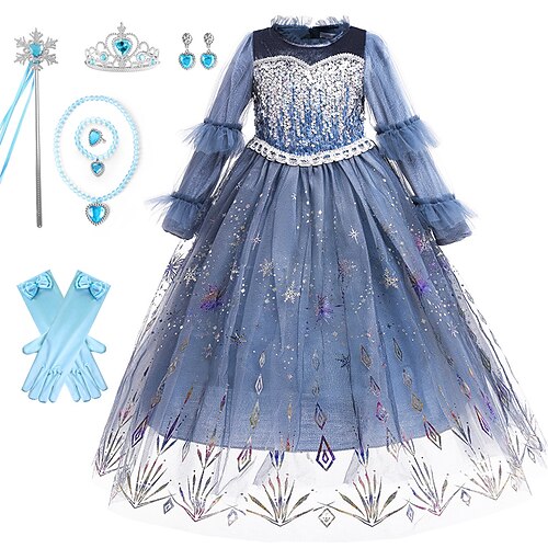 Buchwoche 2026: Elsa-Kostümkleid für Mädchen, Halloween-Motiv, Pailletten, Blumenmuster, blau, Maxikleid, langärmelig, Prinzessinnenkleid, Herbst/Winter, normale Passform, 4-12 Jahre Image