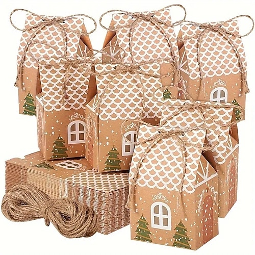 20/50 Stück Bonbonschachteln in Weihnachtshausform, Geschenktüten aus Kraftpapier, perfekt für selbstgemachte Weihnachtsplätzchenverpackungen, Partygeschenke und Weihnachtsdekorationen Image