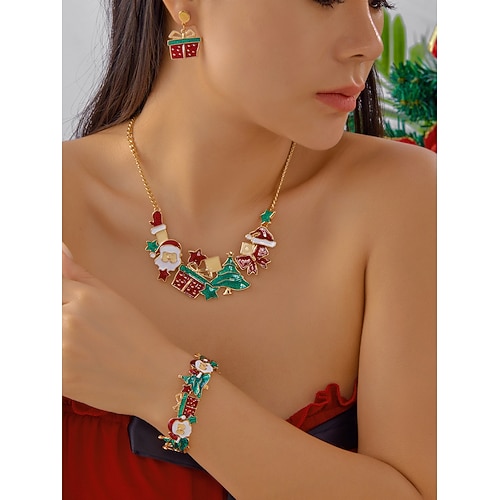 Weihnachtsschmuckset für Damen mit Weihnachtsmann, Baum Geschenkdesigns, bunte Emaille-Halskette, Armband Ohrring-Set für Feiertagspartys, Winteroutfits Geschenke Image