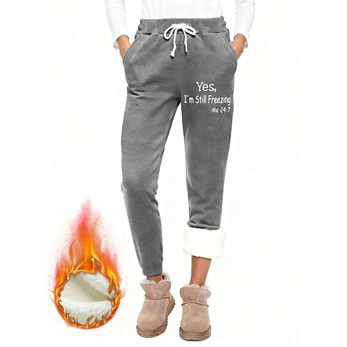 Damen Jogginghose Fleecehose Stoffhosen Mode Basic Lässig Volle Länge Hohe Taille Buchstabe Kordelzug Tasche Druck Thermowarm Winddicht Bequem Dehnbar Urlaub Straße Lässig Schwarz Rosa Dunkelpink Blau Image