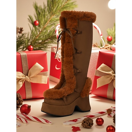 Damen-Plateau-Weihnachtsstiefel mit Kunstfellbesatz – schicker Feiertagsstil, perfekt für Weihnachtsfeiern und Winterfeste Image