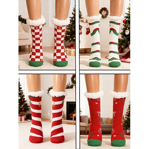4 Paar flauschige Weihnachtssocken für Damen, kuschelige, mit Plüsch gefütterte, warme Winter-Hausschuhsocken mit Weihnachtsmann Weihnachtsmuster für Geschenke Lounge Image