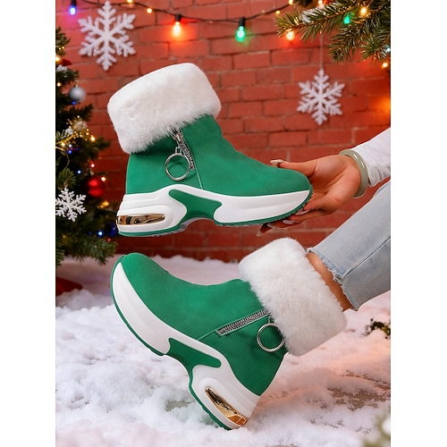 Grüne Winterstiefel für Damen mit Plüschfutter, lässige und bequeme Plateaustiefel für Feiertagspartys, Weihnachtsfeiern und gemütliches Tragen im Haus Image