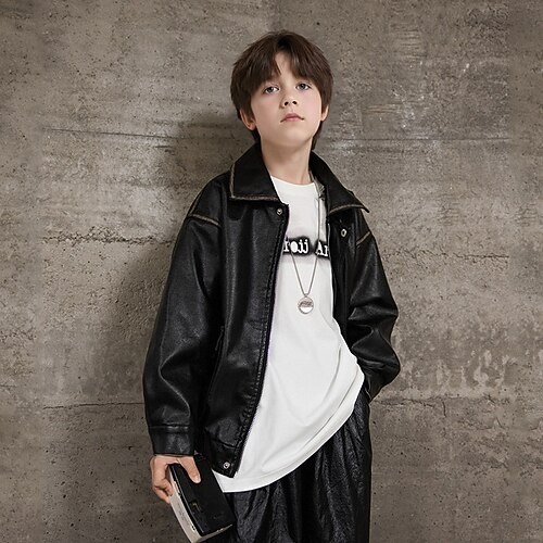Kinder Jungen Schwarze Lederjacke Jacke Oberbekleidung Einfach Langarm Reißverschluss WASSERDICHT Winddicht Mantel Täglich Mode Lässig Schwarz Braun Frühling Herbst 4-12 Jahre