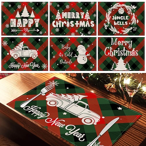 6 stücke weihnachten rote schneeflocke Hitzebeständige Tischsets mit Weihnachtsbaum und Schneemann, quadratische Tischsets aus Leinen für Esszimmer, Küche oder Restauranttischdekoration,