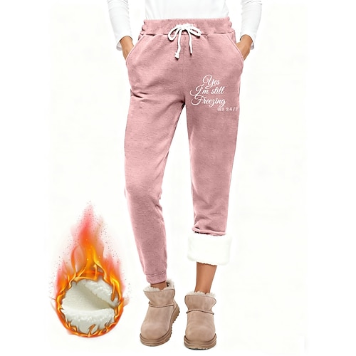 Damen Fleecehose Stoffhosen Mode Basic Lässig Volle Länge Hohe Taille Buchstabe Kordelzug Tasche Elastischer Bund Thermowarm Winddicht Bequem Dehnbar Urlaub Straße Lässig Schwarz Rosa Dunkelpink Blau Image