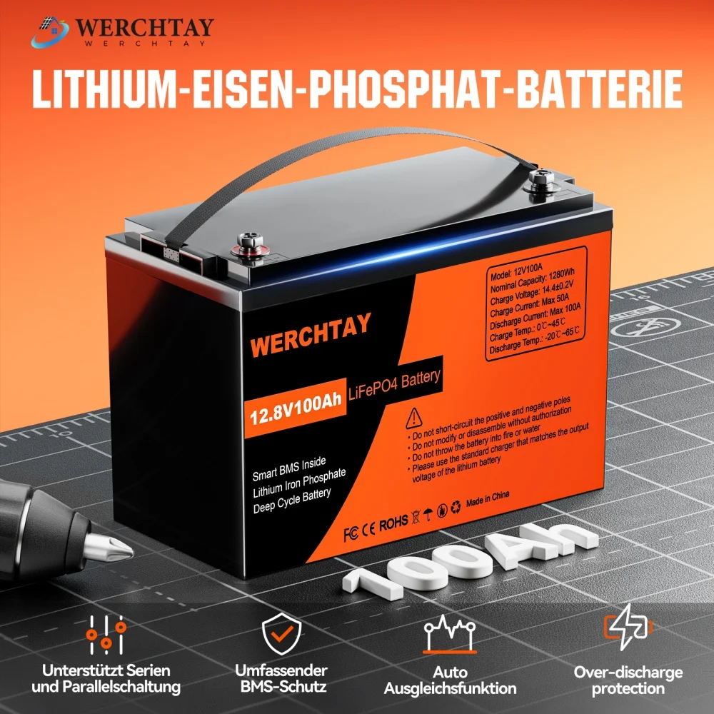 Rvpozwer 12V 100Ah Bluetooth LiFePO4 Lithiumbatterie Smart 100A BMS 25000+ Zyklen wiederaufladbare Batterien für Camping Boot Solar Image