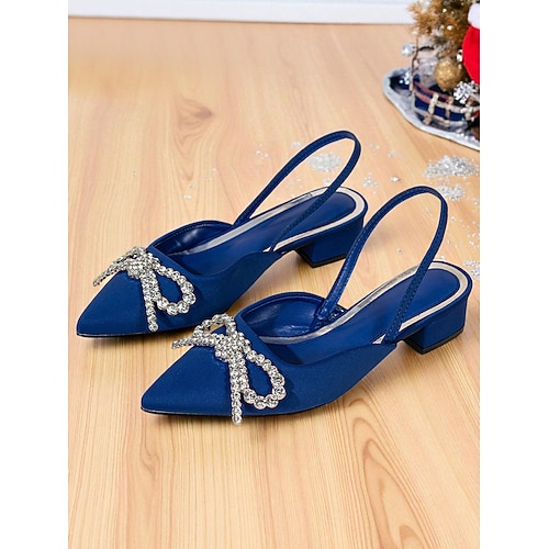 Rote Slingback-Pumps mit niedrigem Absatz für Damen, spitze Satinschuhe mit Strassschleife, elegante Ballerinas für Weihnachtsfeiern Geschenke Image