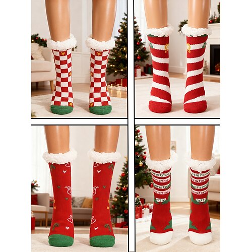 4 Paar flauschige Weihnachtssocken für Damen, kuschelige, mit Plüsch gefütterte, warme Winter-Hausschuhsocken mit Weihnachtsmann Weihnachtsmuster für Geschenke Lounge Image