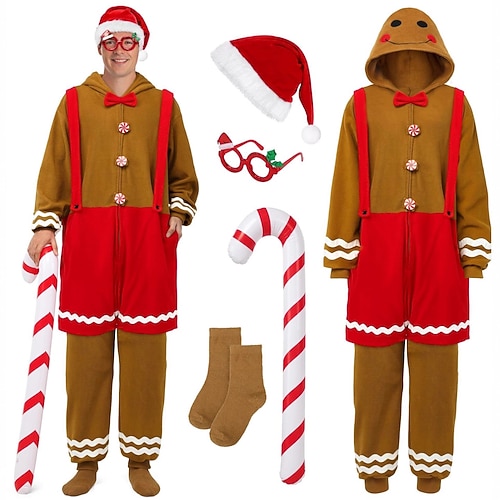 Set Lebkuchenmann Outfits Overall Onesie-Kostüm mit Zubehör Herren Damen Unisex Warm Niedlich Weihnachtskostüm Erwachsene Weihnachten Neujahr Party Hauskleidung Socken Hut Einteiler Image