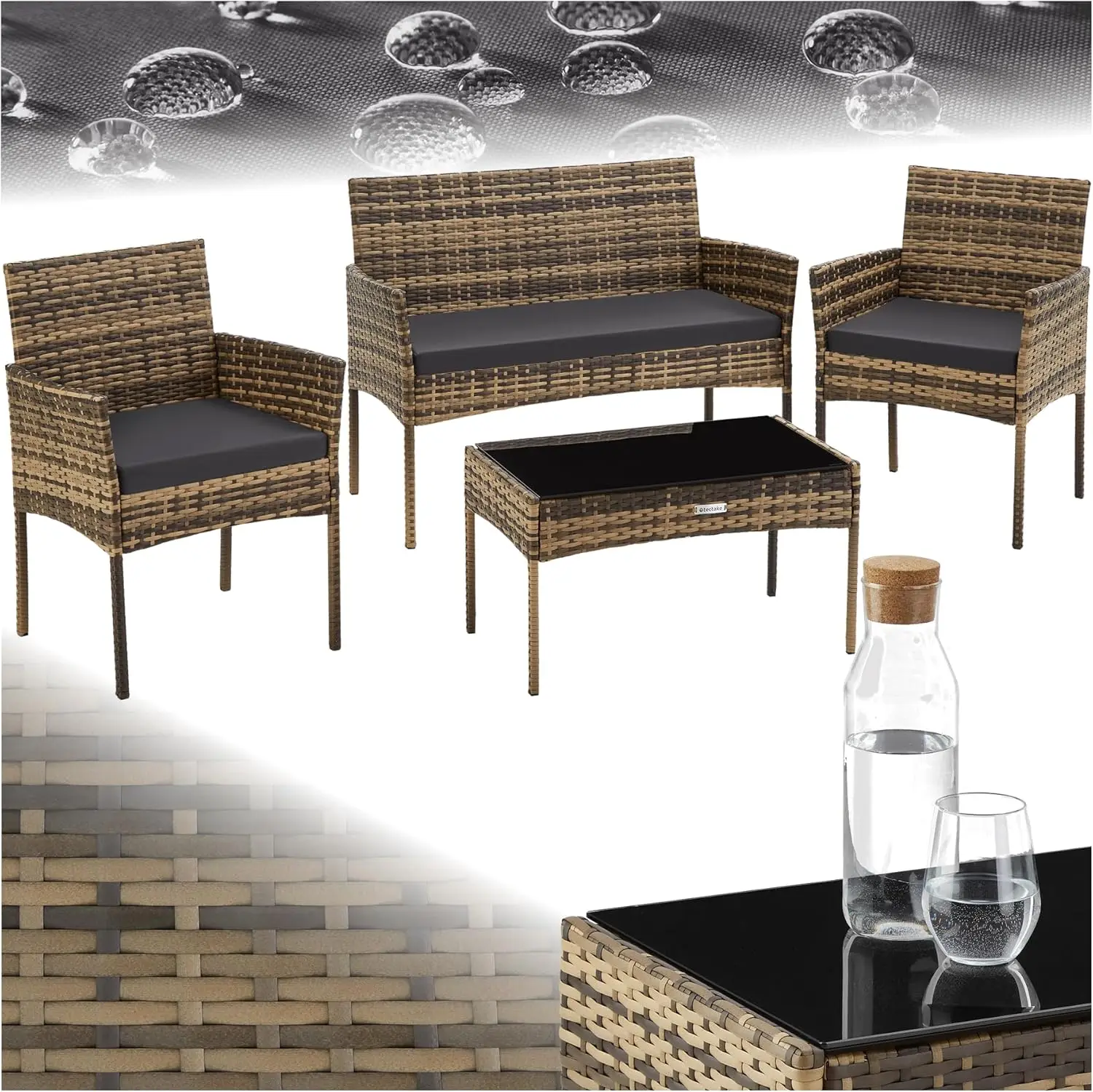 Rattan Gartenmöbel-Set, Outdoor Lounge Möbel, 1x Gartenbank, 2X Chair, 1x Balkontisch, mit Outdoor Kissen wetterfest, Balkonmöbel