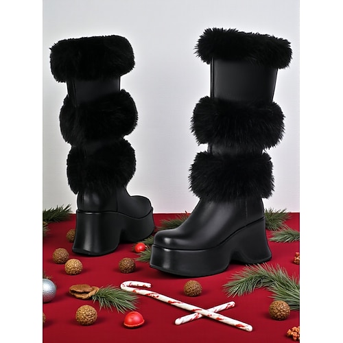 Weiße Damen-Weihnachtsstiefel aus Kunstleder mit Plateausohle und Kunstpelzbesatz – schicker Feiertagsstil, perfekt für Weihnachtsfeiern und Winterfeste Image