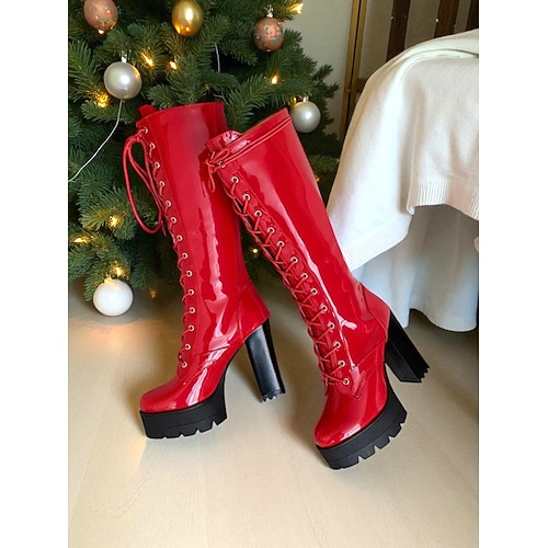 Kniehohe Damenstiefel aus Lackleder mit Schnürung, dickem Absatz und Plateausohle, auffällig und modisch, perfekt für Weihnachtsfeiern, Ausgehen und Streetstyle Image