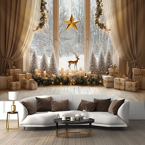 Weihnachtsteppich mit Weihnachtsmann, Weihnachtsbaum Elfe, Wanddekoration, Heimtextilien für Schlafzimmer, Wohnzimmer oder Büro Image