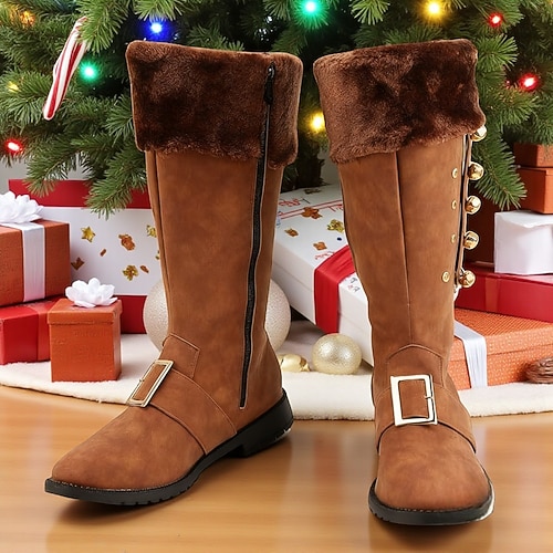 Weihnachtsmann-Kostümstiefel für Herren mit Kunstfell und goldenen Knöpfen, perfekt für Weihnachtsfeiern und Feiertagsfeiern Image